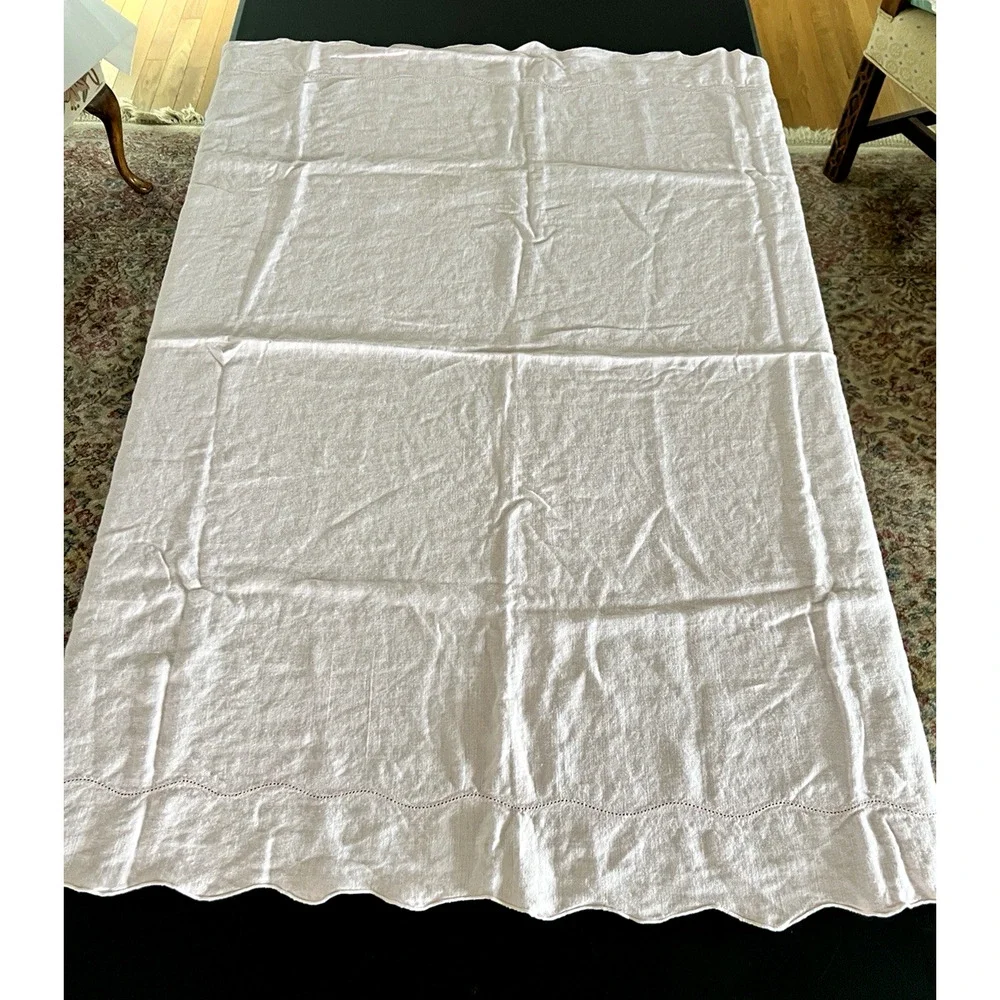 Vintage Pink 100% Linen Square Tablecloth Scalloped Edges MCM